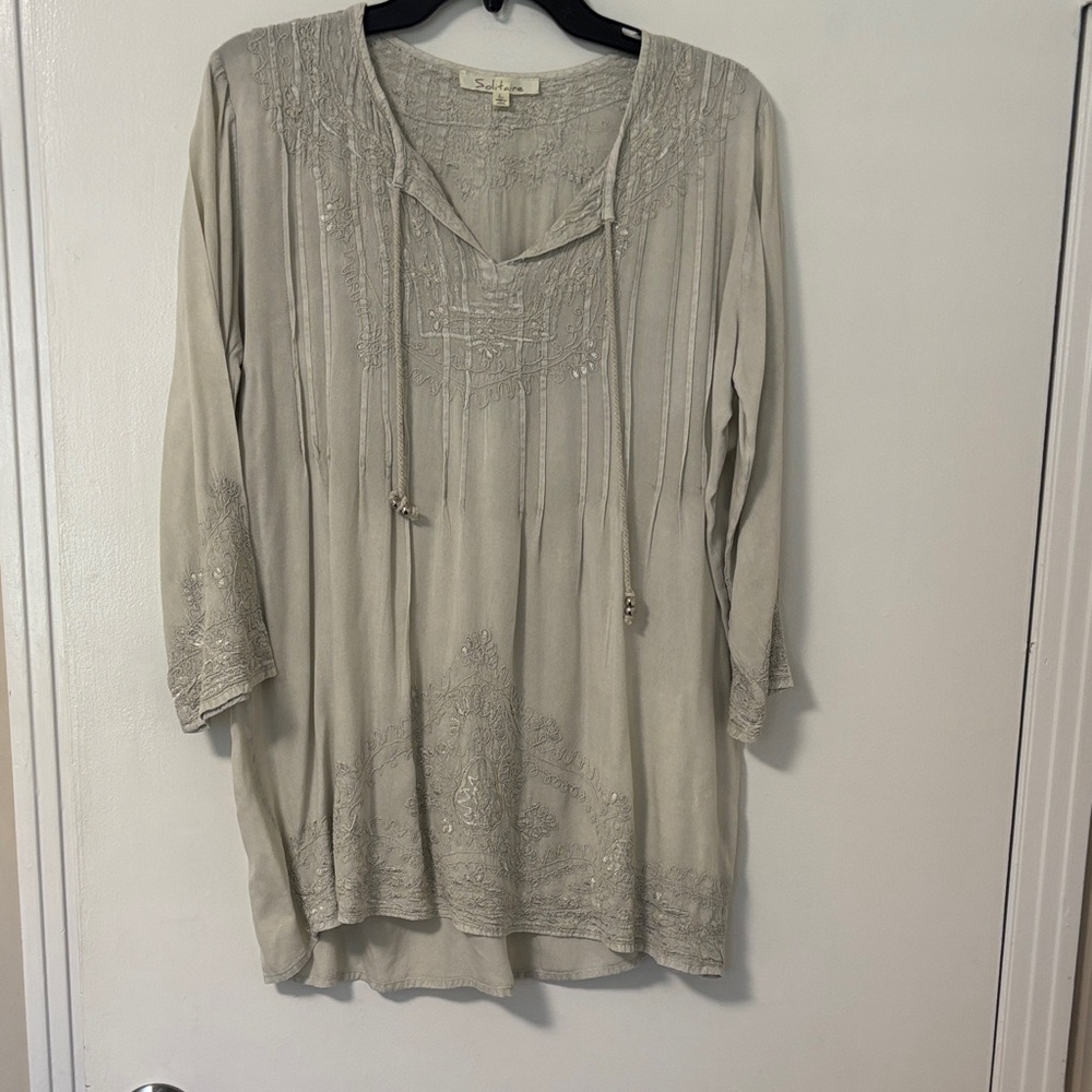 Serra Embroidered Taupe V-Neck Tunic with Pintucks
